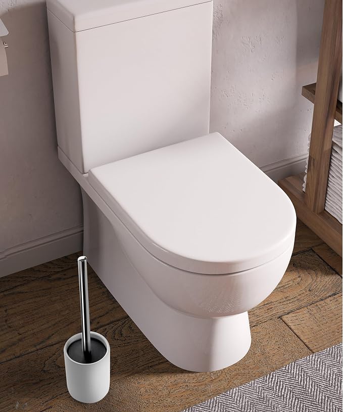 Ceramic Toilet Brush & Holder Set - Freestanding Deep-Cleaning Toilet Bowl Cleaner Brush, Stainless Steel Handle, Small & Sturdy for Storage, Easy to Clean, Non-Scratching