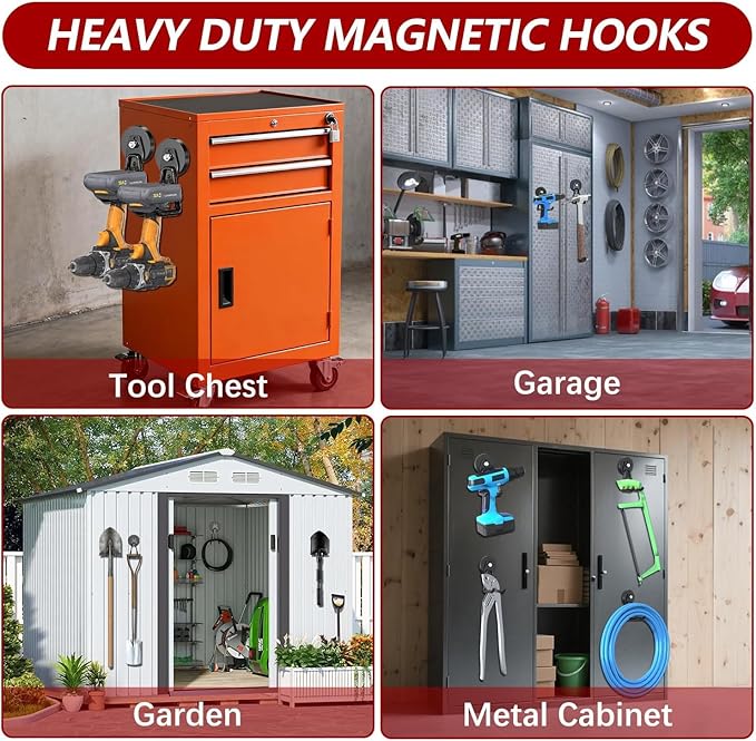 3-H Extra Strong Magnetic Hooks,Heavy Duty Large Anti-Slip Magnet Hooks,No-Drill Tool Holder for Garage,Power Drill,Garden Tools,Hose Storage,2 Pack Black