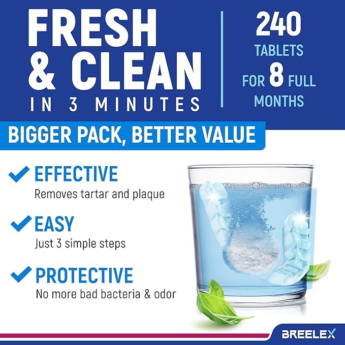 Breelex Retainer Cleaner Tablets - Pack of 2, 240 Tablets - Deep Stain Removal with Denture Cleaning Tabs - Gentle Night Guard Cleaner - Fits Retainer Case & Denture Case