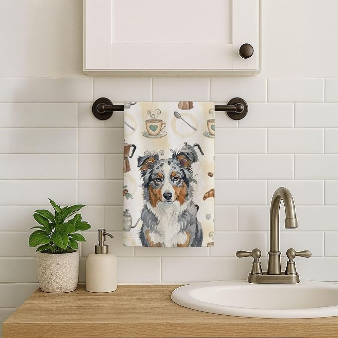 Caroline's Treasures Blue Merle American Shepherd Coffee Bar Kitchen Towel Velour Plush Front and Cotton Loop Back Machine Washable