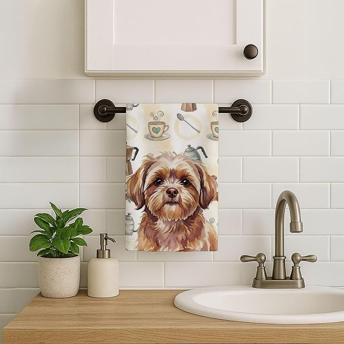 Caroline's Treasures Liver Shih Tzu Coffee Bar Kitchen Towel Velour Plush Front and Cotton Loop Back Machine Washable