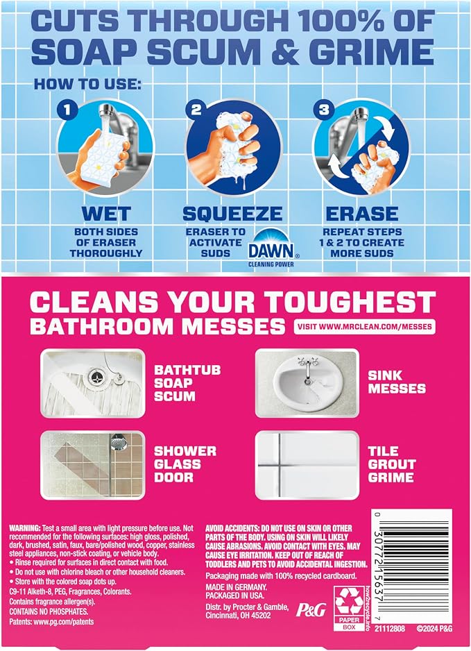 Mr. Clean Magic Eraser Sponge, Bathroom Cleaner, Shower Cleaner, Tub Cleaner, Soap Scum Remover, Bathroom Cleaning Supplies, Dawn Cleaning Power with Lemon Scent, 2 in 1 Bath, 5ct (Pack of 4)
