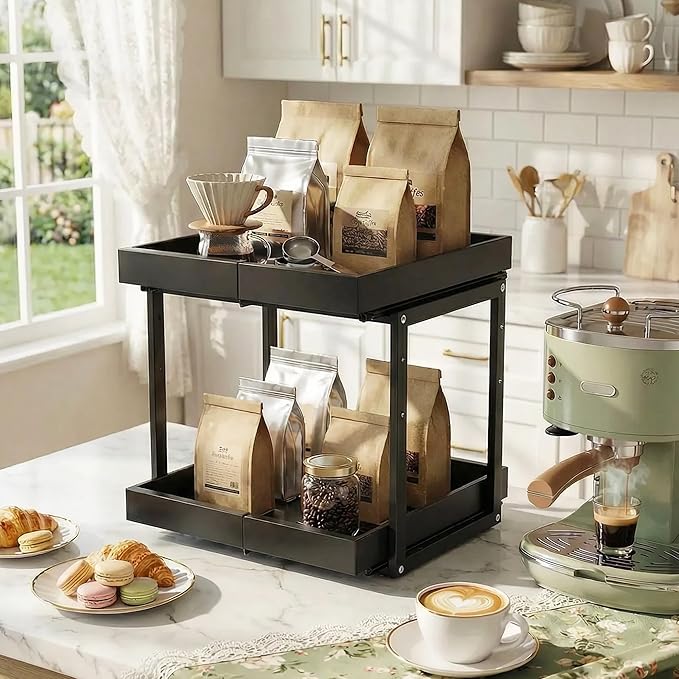 Abalter Expandable Pull Out Cabinet Organizer,2-Tier Slide Out Drawer for Kitchen Cabinets,Adjustable Width 12–18.5",Slide Out Shelves for Kitchen Countertop, Bathroom, Pantry, Heavy Duty Caddy(Black)