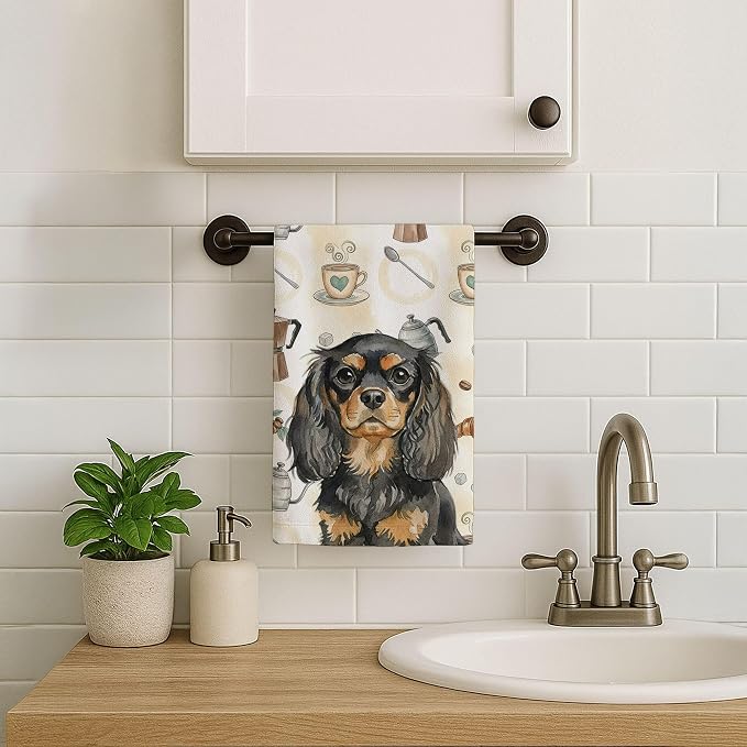 Caroline's Treasures Black and Tan English Toy Spaniel Coffee Bar Kitchen Towel Velour Plush Front and Cotton Loop Back Machine Washable