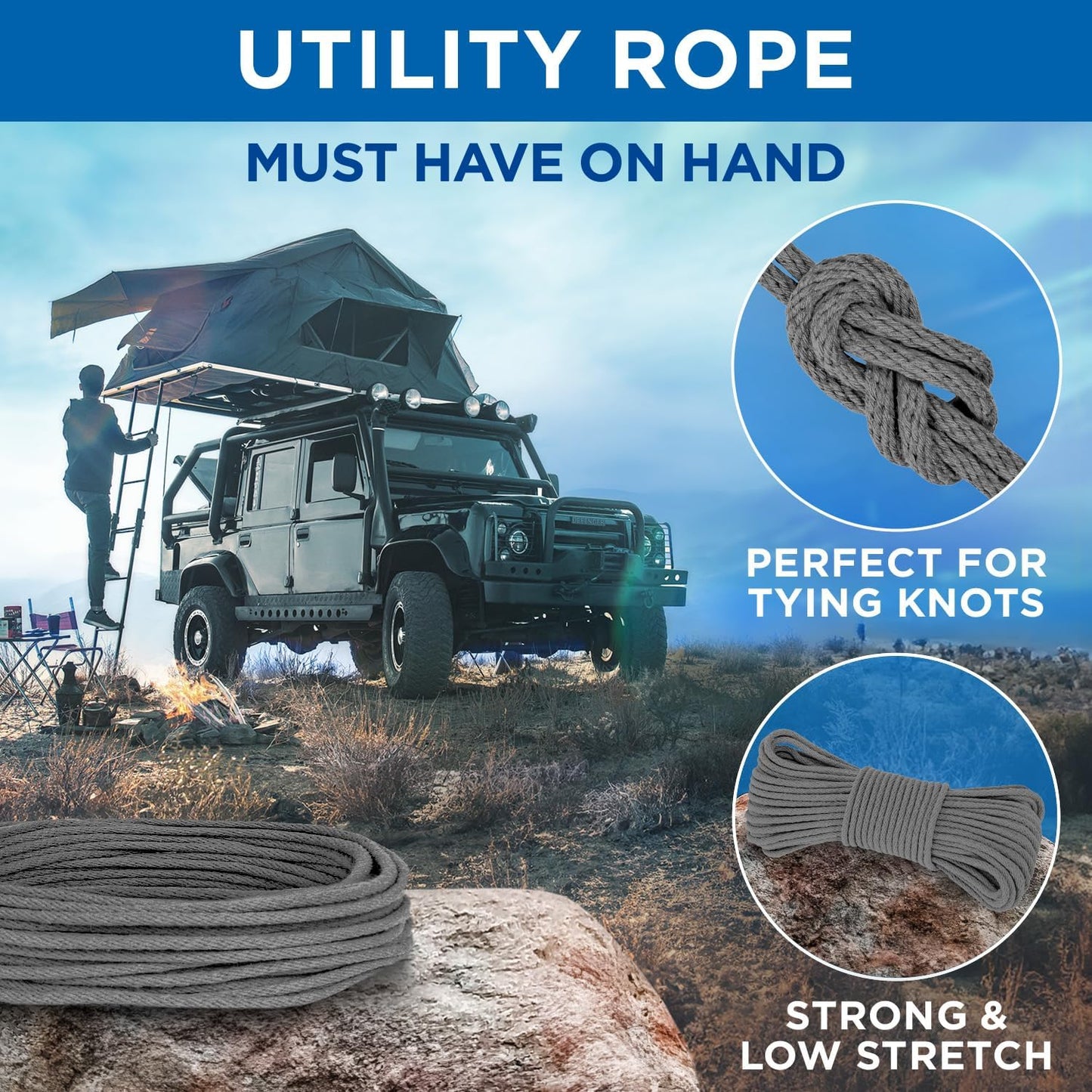 TECEUM Cotton Rope 3/16” (5 mm) – 100 FT – Strong All-Purpose Braided Rope – Natural Cotton – for Crafting, Сamping, Clothes Line, DIY, Indoor & Outdoor Use – Gray