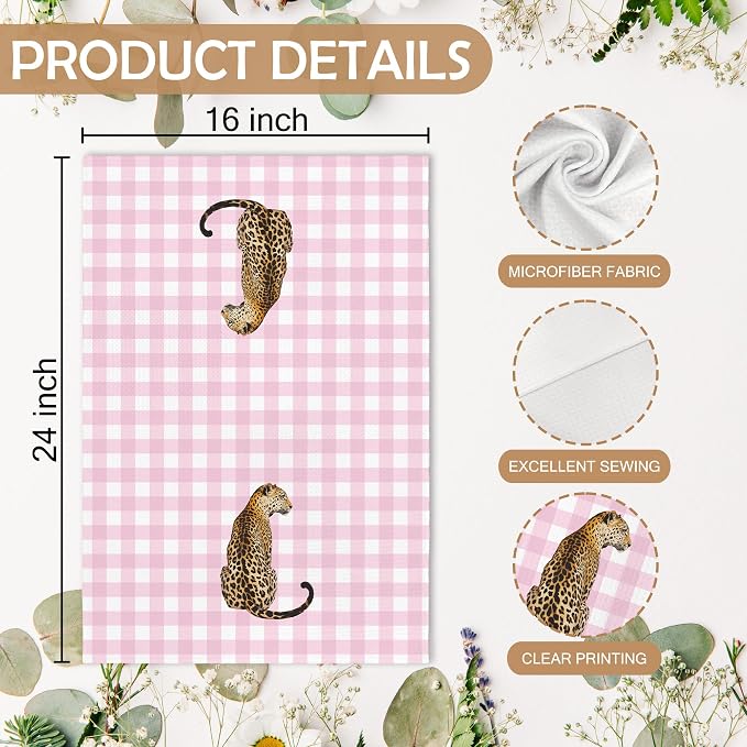 Trendy Leopard Cheetah Print Poker Lucky 8 Ball Bathroom Decor, Preppy Pink Plaid Decor Dish Hand Towels for Bathroom Kitchen Sets of 2, Cheetah Gingham Kitchen Towels and Dishcloths,16x24in