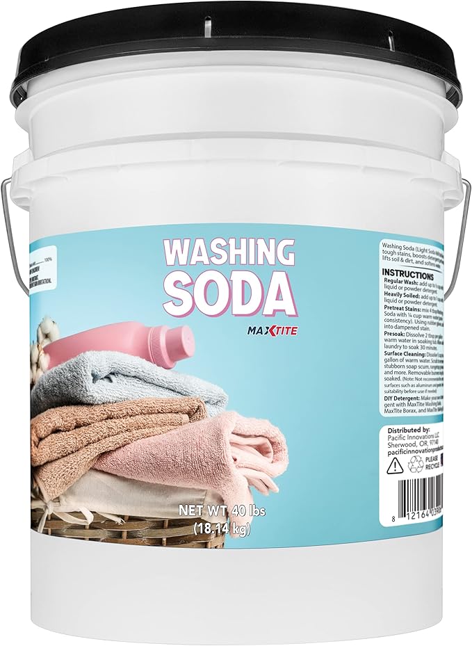 MAXTITE Washing Soda (40 lbs) - Natural Laundry Detergent Booster - Non-toxic, Unscented, Hypoallergenic 99.9% Pure Sodium Carbonate AKA Soda Ash Light Flakes - Convenient Easy-Open Resealable Pail