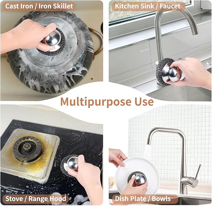 Cast Iron Scrubber Set with Steel Wool Scrubber Set, 316 Chainmail Scrubber, Upgraded Chain Mail Scrubber Sponge,Stainless Steel Scrubber with Handle(6 Pcs)