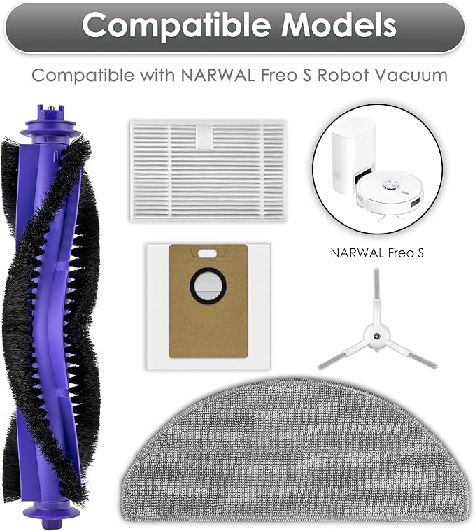 (22 Pack) Freo S Replacement Parts for Narwal Freo S, for Tapo RV30 Max Plus/ RV20 Max Plus Robot Vacuum, 1 Roller Brush, 6 Side Brushes, 6 HEPA Filters, 6 Dust Bags, 3 Mop Pads, Accessories Kit