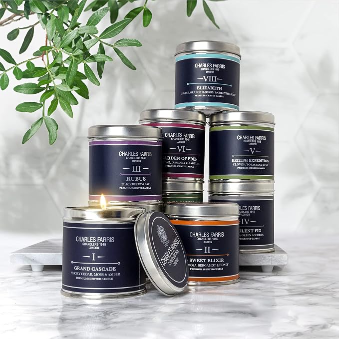 Charles Farris Luxury Scented Candle – Tin, Hand-Poured, Long Lasting, Clean Burning, 300g / 10.5oz, Burns for up to 40 Hours, Made in England – Cloves, Tobacco & Mint Tea – British Expedition
