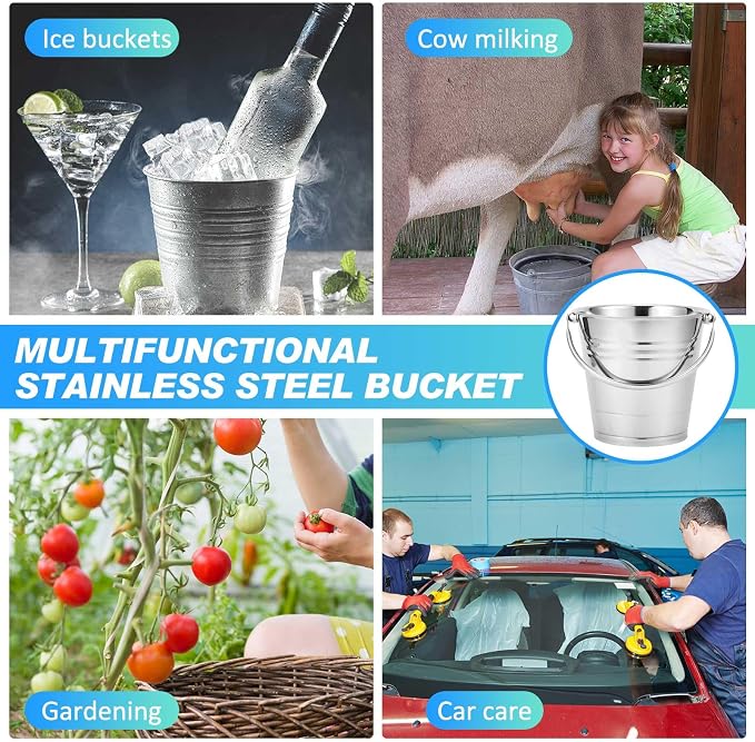 Hicarer 6 Pcs 2.1 Quart Stainless Steel Dog Water Bucket, Heavy Duty Stainless Steel Easy Clean Bucket Water Pails for Dogs Pets, for Kennels Farms Fences Cages Home