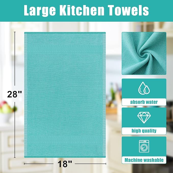 Homaxy Premium Kitchen Towels(18”x 28”, 3 Pack), Large Cotton Kitchen Hand Towels, Flat and Terry Dish Towels, 380 GSM Highly Absorbent Tea Towel Set with Hanging Loop, Teal