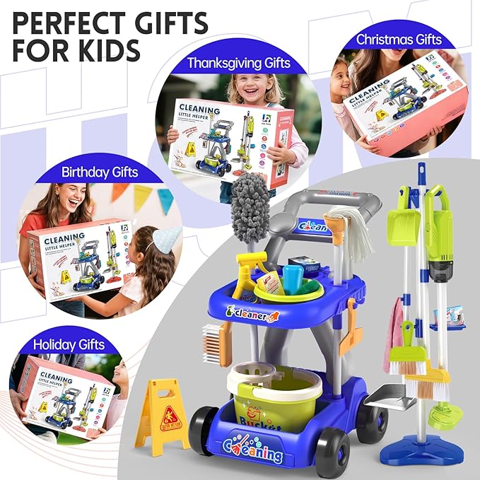 Kids Cleaning Toy Set, Educational Pretend Play Cart with 29 Pcs, Detachable Housekeeping Tools for Toddlers