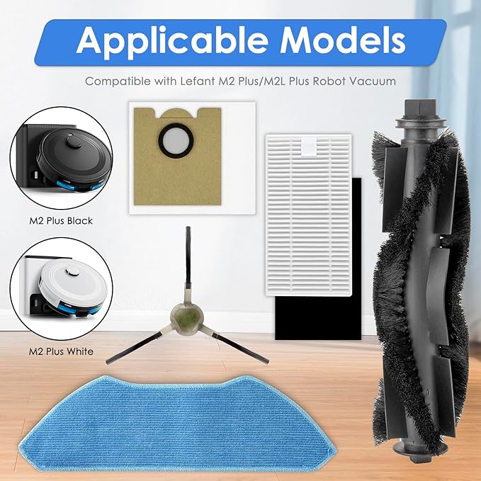 (23 Pack) M2 Plus/ M2L Plus Replacement Parts Compatible with Lefant M2 Plus/ M2L Plus Robot Vacuum Cleaner, 2 Roller Brushes, 6 Side Brushes, 6 HEPA Filters, 3 Mop Pads, 6 Dust Bags, Accessories Kit