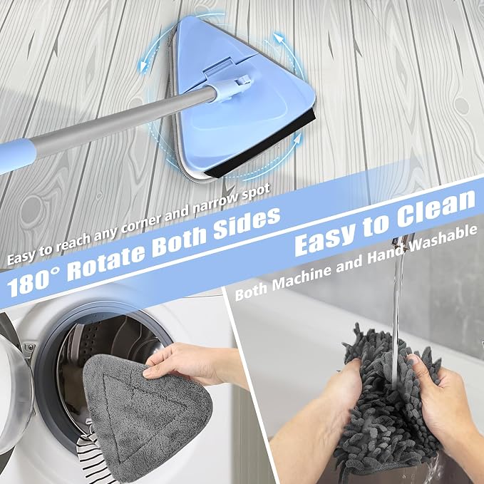 NEWE 2 Packs Wall Mop Cleaner with 80 Inches Long Handle, 180° Folding Ceiling Cleaning Tool with Squeegee, 8 Chenille Duster and 4 Microfiber Pads Chambray Blue & Blue
