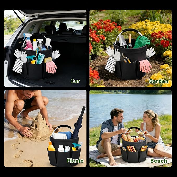 17L Foldable Cleaning Caddy with Handle - Portable Oxford Fabric Storage Bucket, Organiser for Cleaning Supplies, Toiletries, Home, Garden, Picnic & Beach (Black)