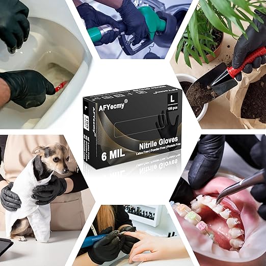 Disposable Nitrile Gloves, Chemical Resistant, Powder and Latex Free, Food Safe, Black Heavy Duty Gloves, 6 Mil, 100 Count, Large