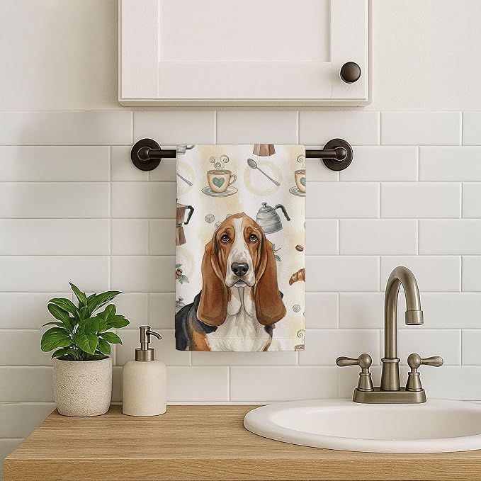 Caroline's Treasures Tricolor and White Basset Hound Coffee Bar Kitchen Towel Velour Plush Front and Cotton Loop Back Machine Washable