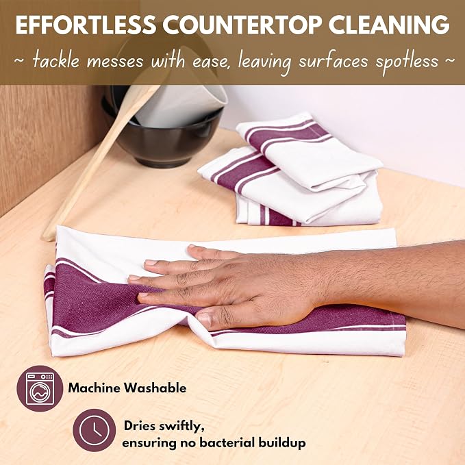 Native Fab Kitchen Towels 18x28 Inch, Set of 4, Wide Stripe, Super Absorbent, Quick Dry, Soft, 100% Cotton Dish Towels for Wiping Hands, Drying Dishes, Cleaning Dishcloths Set - Burgundy (Maroon)