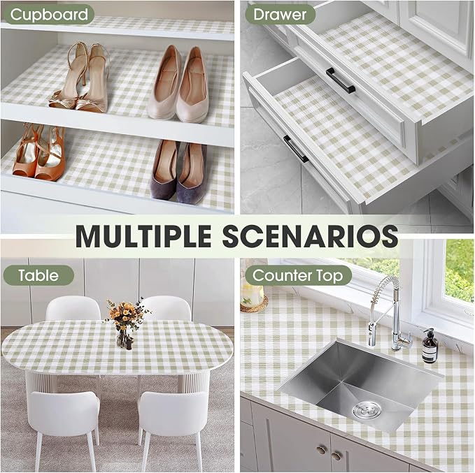 Drawer and Shelf Liner, Non-Slip Kitchen Cabinet Liners Non-Adhesive Thick Strong Grip Waterproof Washable Mats Protect Dresser Shelves Cupboard Bathroom Cabinets, Yellow Plaid, 24 in X 20 FT