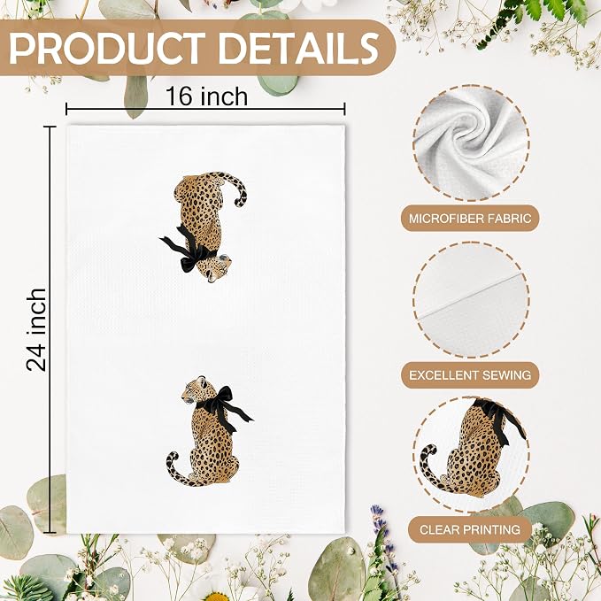 Trendy Leopard Cheetah Print Poker Bathroom Room Decor, Preppy Brown Leopard Bow Decor Dish Hand Tea Towels for Bathroom Kitchen Sets of 2, Cheetah Kitchen Towels and Dishcloths, 16x24 Inch