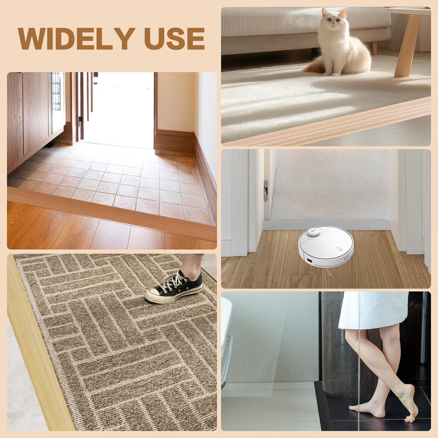 Floor Transition Strip Vinyl Door Threshold Ramp Self Adhesive Carpet Edging Strip Doorway Edge Trim, Overlap Edge Reducer for Laminate Carpet, Floor, Tile (Raw Wood Grain, 2/5" to 3/5", 6.6Ft)