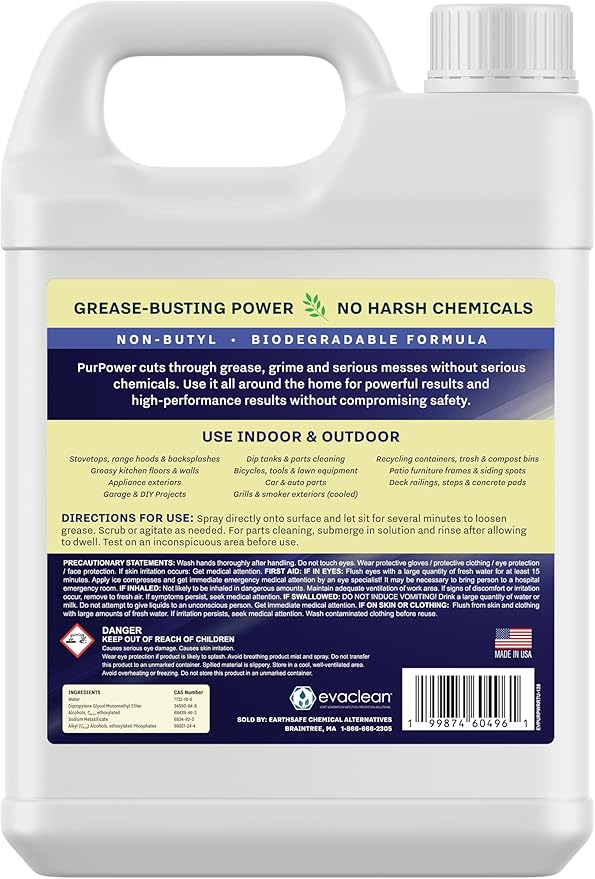 EvaClean PurPower Cleaner and Degreaser – Ready to Use, 1 Gallon, Heavy Duty, Non-Butyl Biodegradable Formula, Grease, Oil, Grime Remover for Kitchen, Garage, Engine, Concrete
