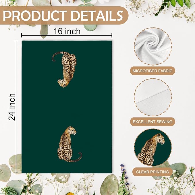 Trendy Leopard Cheetah Print Poker Lucky 8 Ball Decor Kitchen Towels and Dishcloths, Funky Dark Emerald Forest Green Leopard Decor Dish Hand Towels for Bathroom Kitchen Sets of 2, 16x24inch