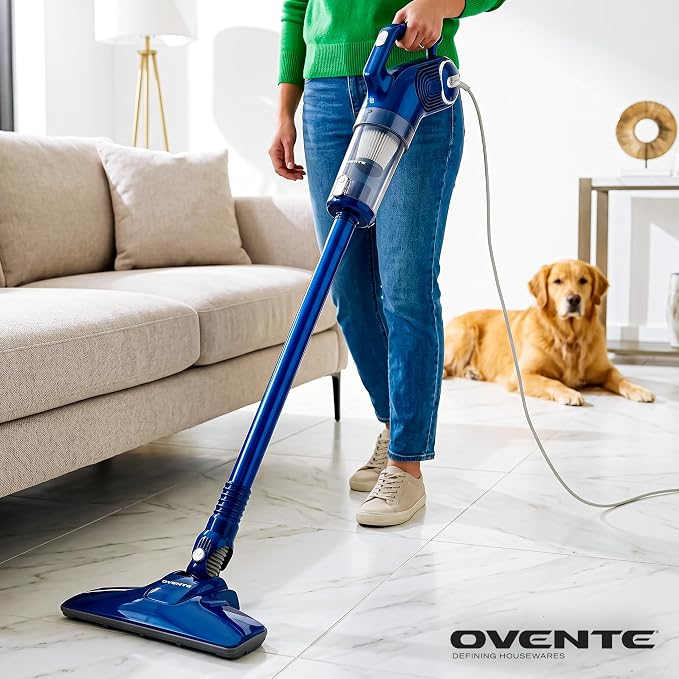 OVENTE Corded Stick Vacuum Cleaner, 2-in-1 Lightweight Bagless Vacuum Cleaner with 450W Motor, 14Kpa Powerful Suction and Washable Filter for Home, Car, Pet Hair, Carpet and Hard Floor, Blue STV345BLS