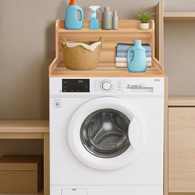 Royxen Washer Dryer Countertop with Shelf,2-Tier Laundry Countertop for Single Washer and Dryer,Soild Wood Core Washer Dryer Topper for Laundry Room Organization (Oak)