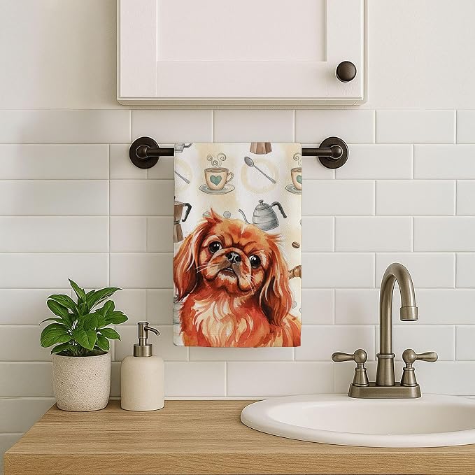 Caroline's Treasures Red Pekingese Coffee Bar Kitchen Towel Velour Plush Front and Cotton Loop Back Machine Washable