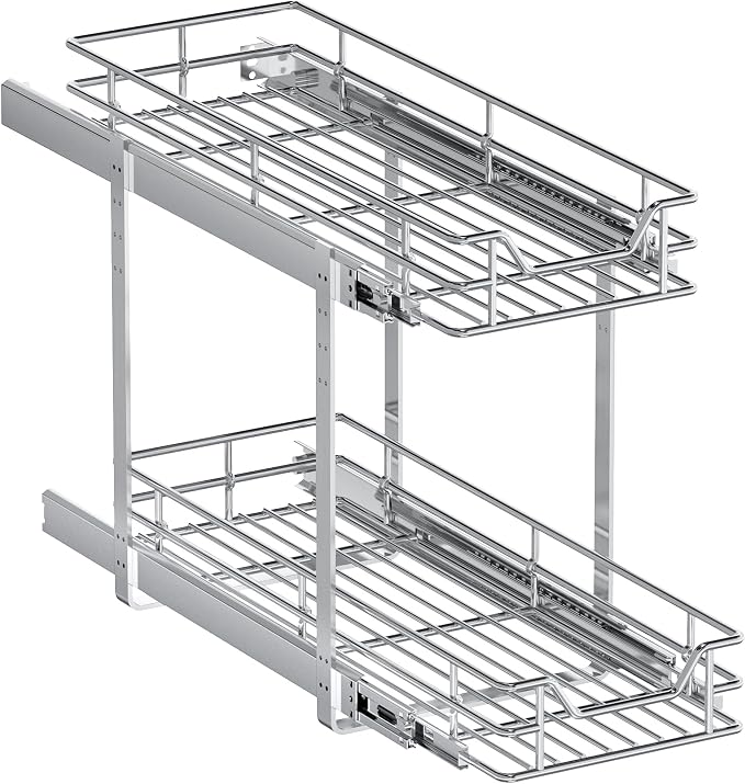 2-Tier Pull Out Cabinet Organizer, 9" W x 21.5" D, Heavy Duty Dual Slide Out Shelves for Narrow Base Cabinets, Chrome Wire Basket Drawer for Spices, Bottles & Snacks