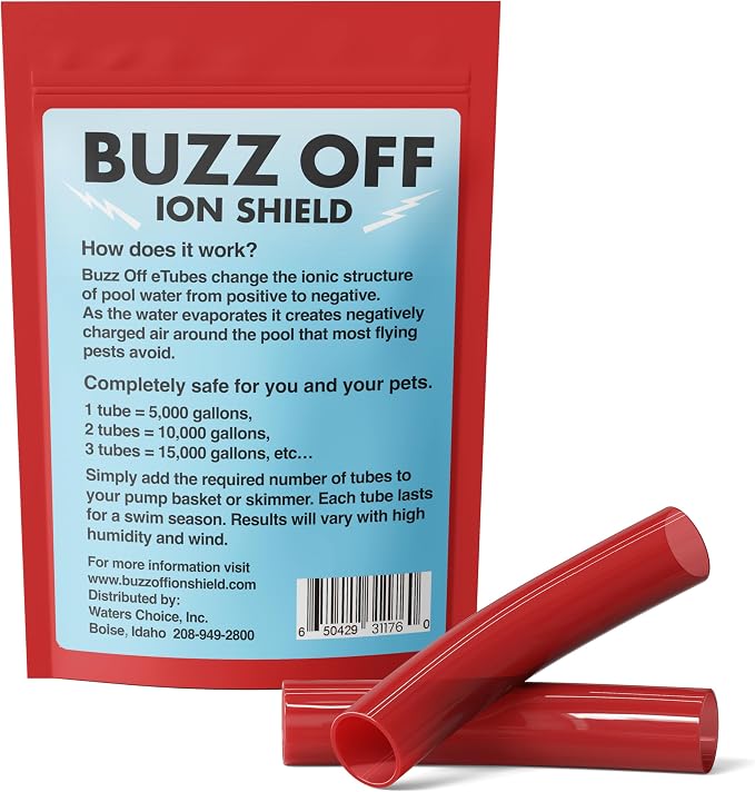 Waters Choice Buzz Off Pool Water Conditioner 2 Tubes, 3.04 oz | Skimmer basket drop-in treatment without added harsh chemicals. Evaporating ionic shield lasts an entire outdoor season