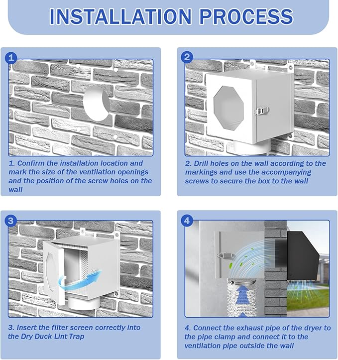 Dryer Lint Trap, Indoor Dryer Vent Kit with Lint Catcher, Metal Dryer Duct Lint Trap with 90° Degree Dryer Vent Elbow, Easy Clean Filter, Transparent Door & Clamps Aluminum Foil Tape Cleaning Brush