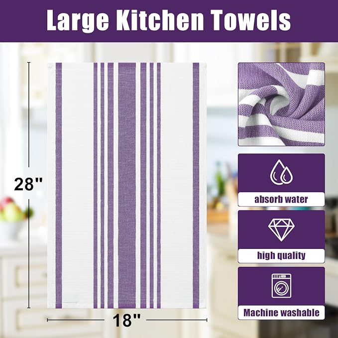 Homaxy Premium Kitchen Towels 18”x 28”, Large Cotton 380 GSM Kitchen Hand Towels, Stripe and Terry Dish Towel, Highly Absorbent Tea Towel Set with Hanging Loop, 6 Pack, Purple