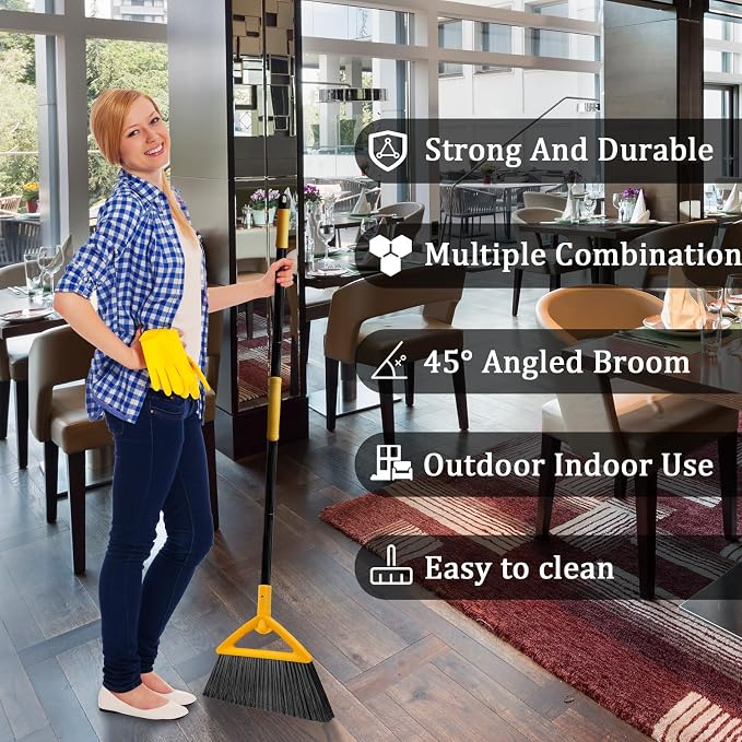 Heavy Duty Angle Broom 2 Pack - Yellow Broom for Outdoor & Indoor, Garage, Driveway, Sidewalk, Kitchen & More, Long Handle