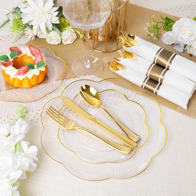 Supernal 100 Pack Gold Plastic Silverware with Napkins, Pre Rolled & Wrapped Gold Disposable Utensils Set (100 Forks, 100 Spoons, 100 Knives), Heavy Duty Plastic Cutlery Rolls for Wedding & Party