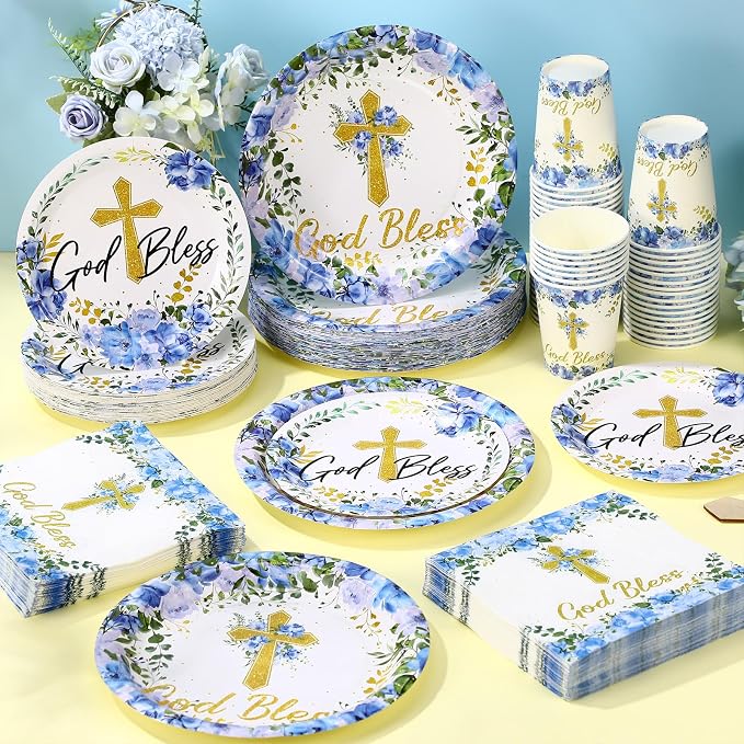 Pickmesh 250 Pcs Blue Baptism Cross Disposable Tableware Set Confirmation Baptism Disposable Paper Plates Napkins Cups for First Holy Communion Christening Baby Shower Boy Religious Supplies, Serve 50