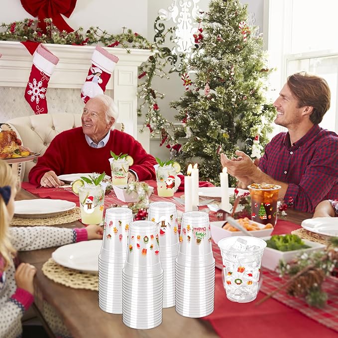 100 Pcs Christmas Party Cups, 12oz Disposable Cups Merry Christmas Disposable Clear Cups Plastic Party Cups for Party Favors Holiday Party Supplies