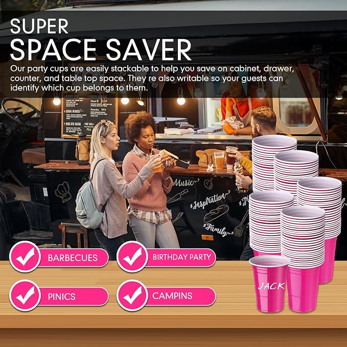 Mimorou Pink 200 Pack Plastic Cups 16 oz Disposable Cups for Party Wedding Halloween Stackable Beverage Drinking Tumbler Heavy Duty for BBQ Birthday Baby Shower