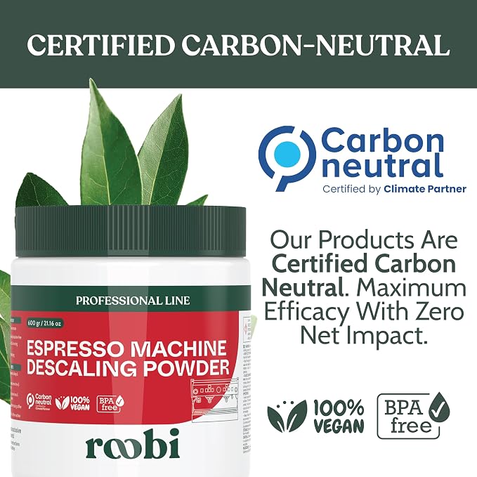 Roobi Professional Espresso Machine Descaling Powder. Carbon Neutral Espresso Descaler Powder. Up to 21 uses, 600gr.