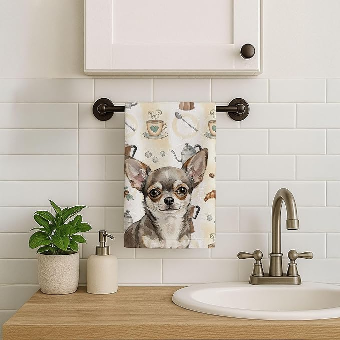 Caroline's Treasures Chihuahua Coffee Bar Kitchen Towel Velour Plush Front and Cotton Loop Back Machine Washable