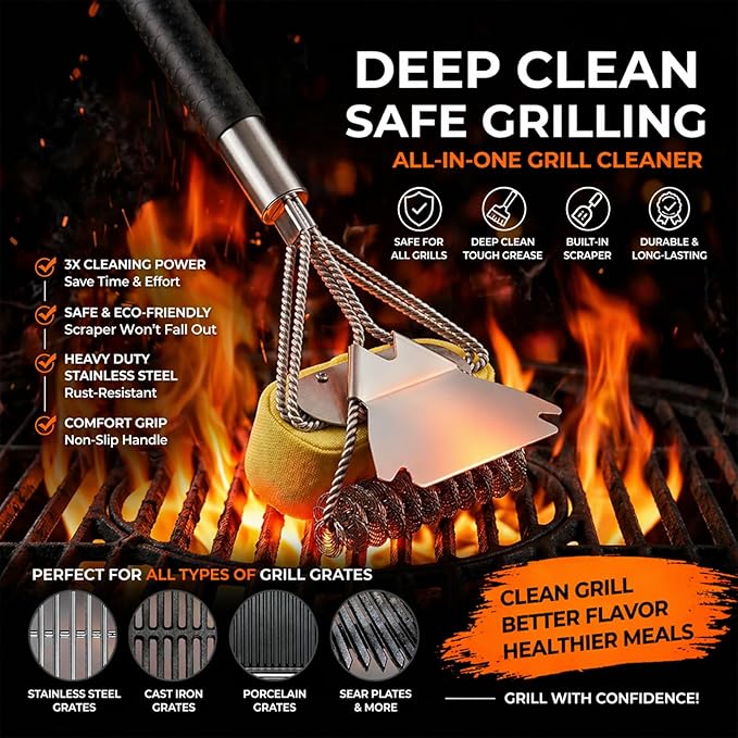 Bristle Free Grill Brush, 3 in 1 Steam Cleaner Brush with Extra Replacement Head, Heavy Duty BBQ Grill Brush for Outdoor Grill