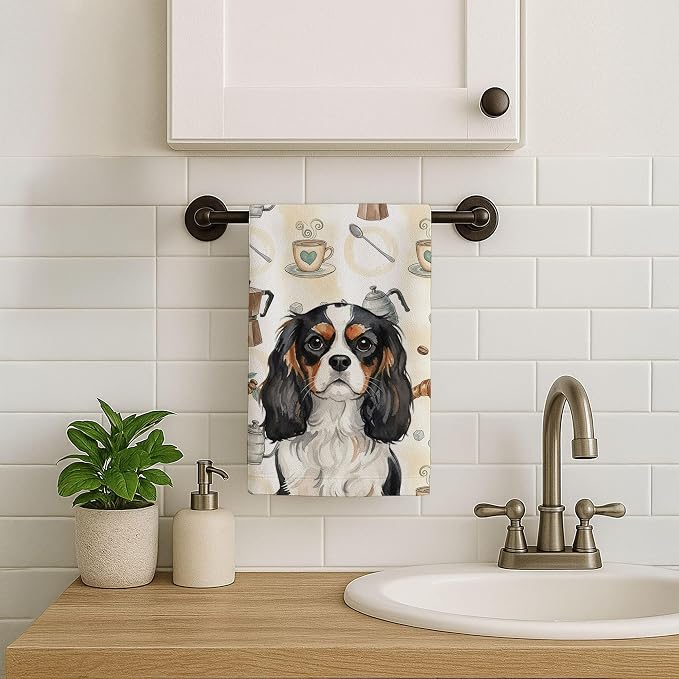 Caroline's Treasures Tricolor Cavalier Spaniel Coffee Bar Kitchen Towel Velour Plush Front and Cotton Loop Back Machine Washable