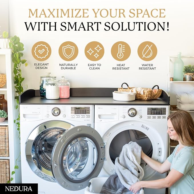 Nedura Washer Dryer Countertop w/Anti-Vibration Pads & Curved Edge Rails, Premium Bamboo Laundry Countertop, Washer Dryer Topper, Laundry Room Organization, Laundry Accessory, Designed in USA - Black