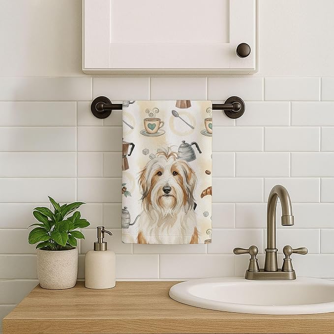 Caroline's Treasures White and Tan Bearded Collie Coffee Bar Kitchen Towel Velour Plush Front and Cotton Loop Back Machine Washable