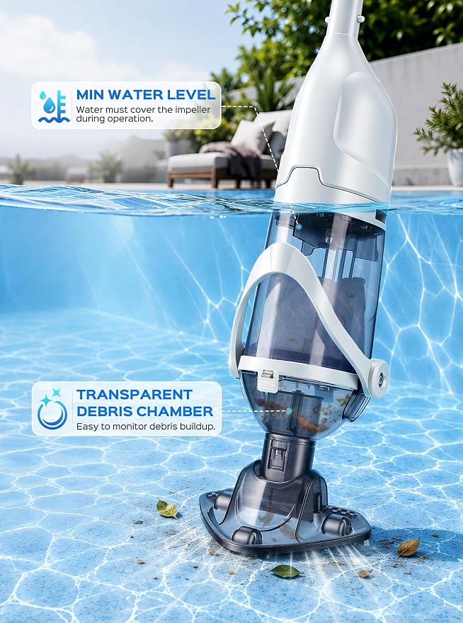 Cordless Handheld Pool Vacuum for Above Ground Pool, Rechargeable Small Pool Vacuum with Telescopic Pole, 60 Min Runtime, 14.1 GPM Suction, for Hot Tub, Spa & Small Pools, White