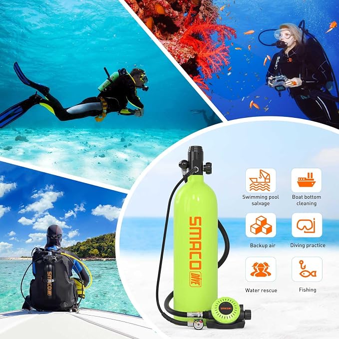 SMACO Mini Scuba Tank 1.9L Capacity Diving Oxygen Tank for Underwater Breathing Reusable Small Scuba Tank Kit with Portable Bag Scuba Cylinder for Underwater Entertainment/Diving Work