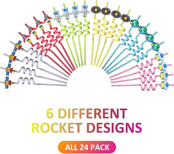 Outer Space Straws Party Favors for Theme Birthday Party Supplies with 2 Cleaning Brush | Solar System Rocket Spaceship Astronaut Satellite Planet Attachments (24+2)