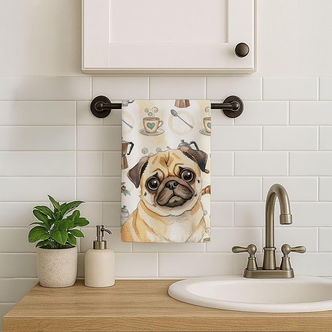 Caroline's Treasures Fawn Pug Coffee Bar Kitchen Towel Velour Plush Front and Cotton Loop Back Machine Washable
